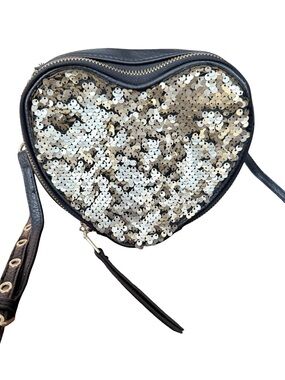 Juicy Couture Heart-Shaped Sequin Shoulder Bag Black Gold Chain Strap Zip